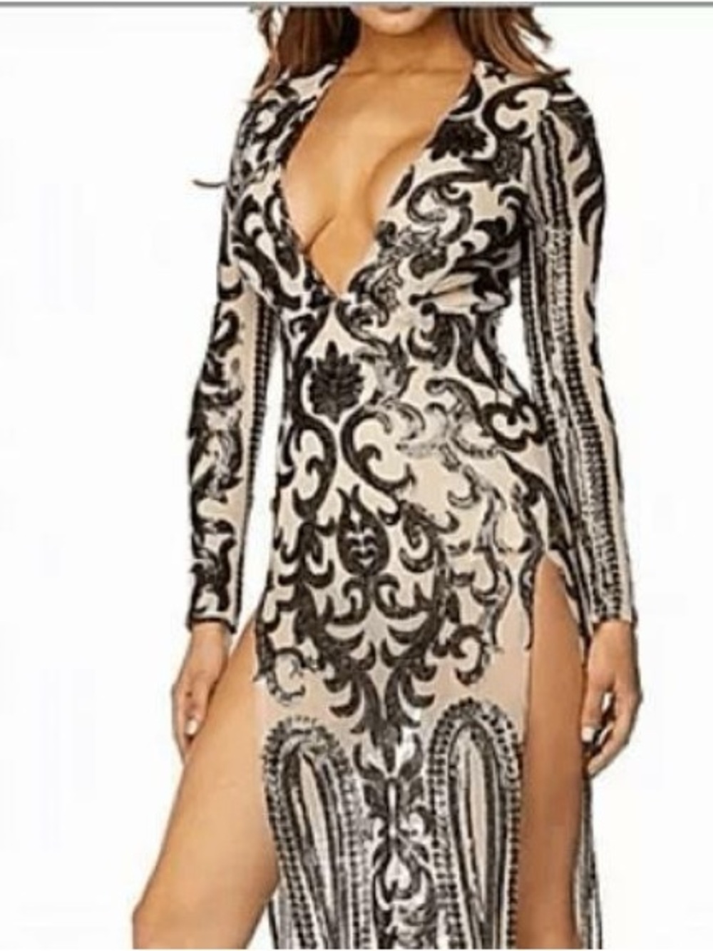 a'gaci Black and Cream Deep V Sequin Embellished Split Maxi Dress